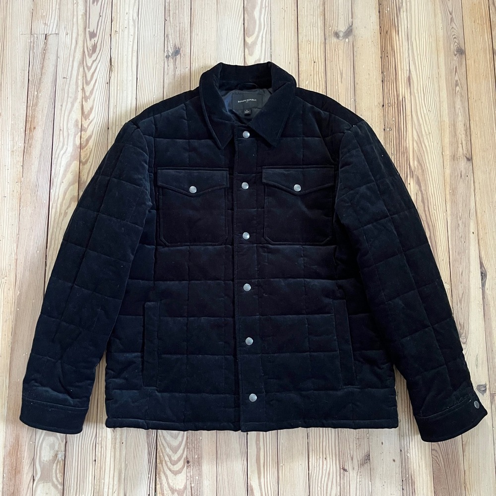 Banana Republic Quilted Corduroy Puffer Shirt Jacket Mens Large Black Snap Front